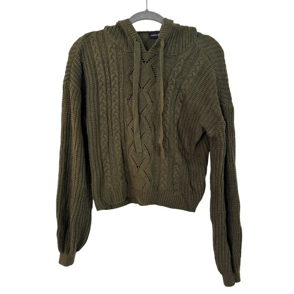 Almost Famous Sweaters - Almost Famous Hooded Cable Knit Sweater Women M Olive Green Acrylic Pullover Top